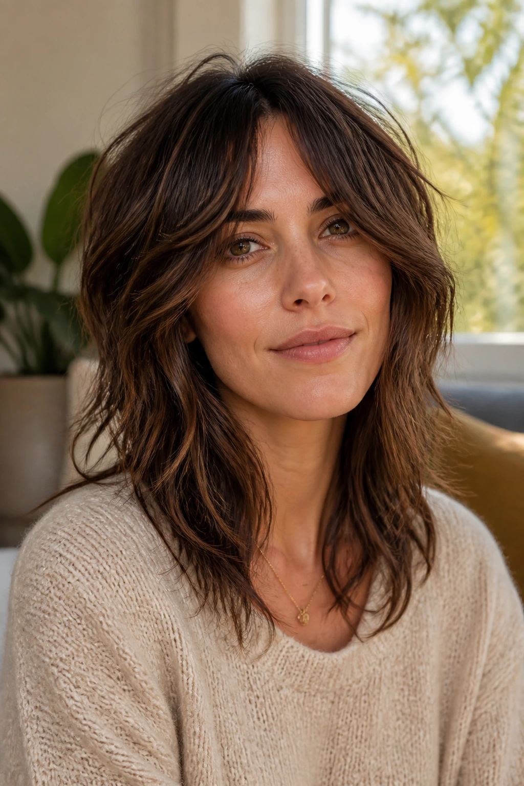 Close-up portrait of a real woman with curtain-fringe shag hairstyle in natural light