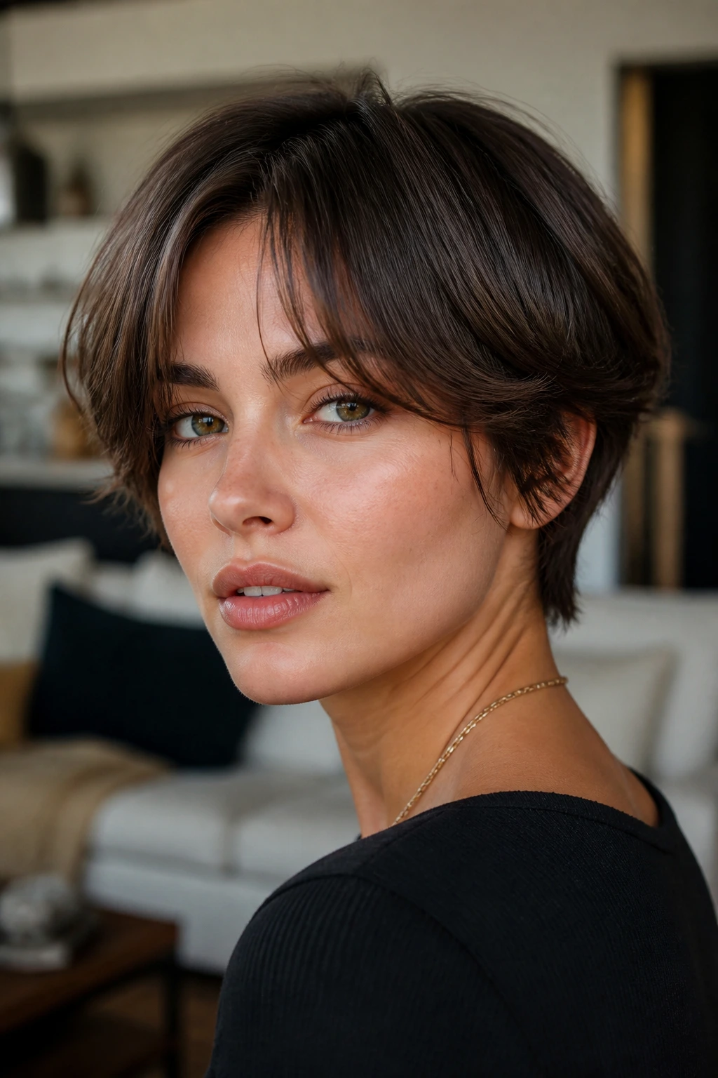 Real person with curtain fringe pixie bob, fringe softly framing eyes