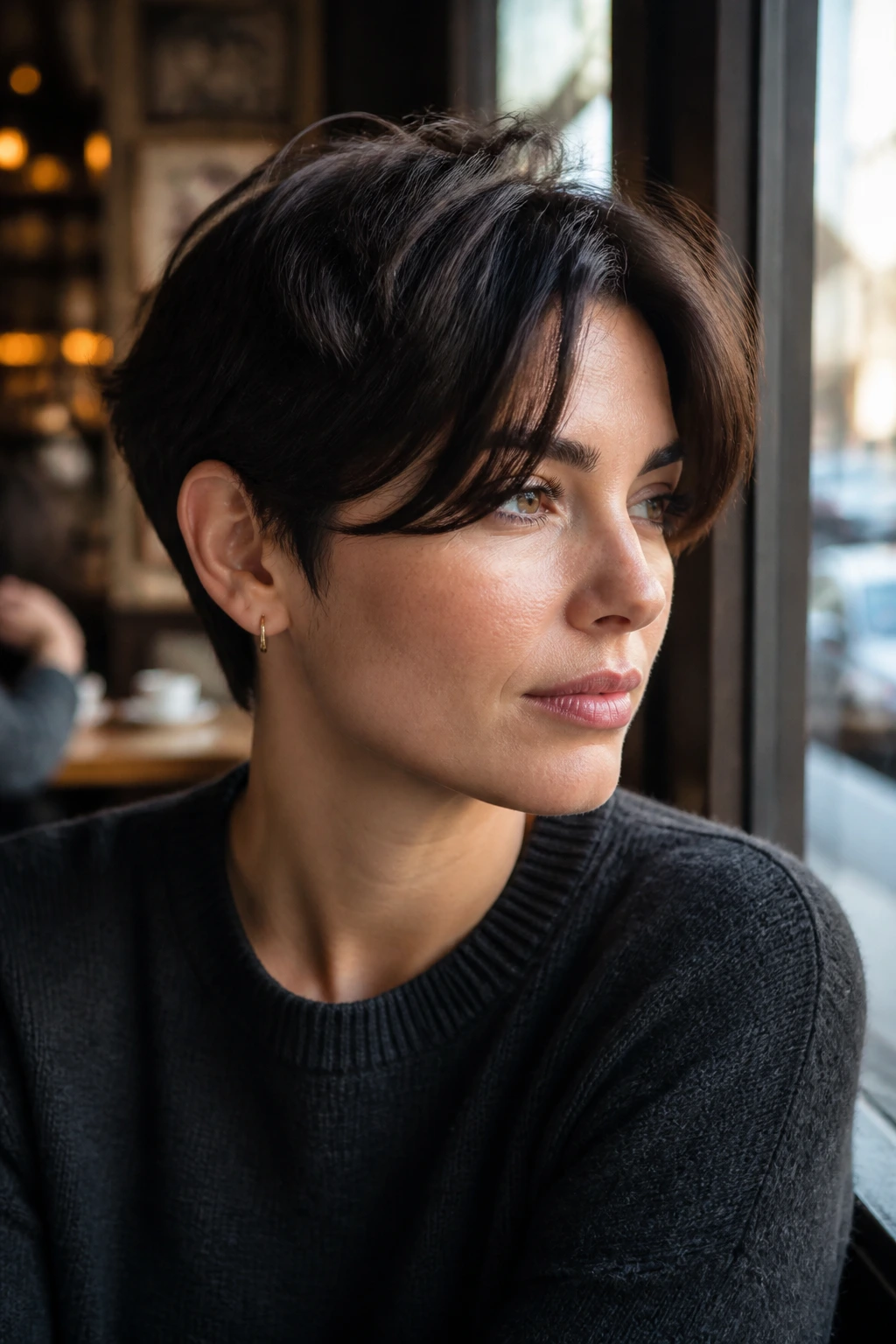Portrait of a real woman with curtain fringe on pixie hairstyle.