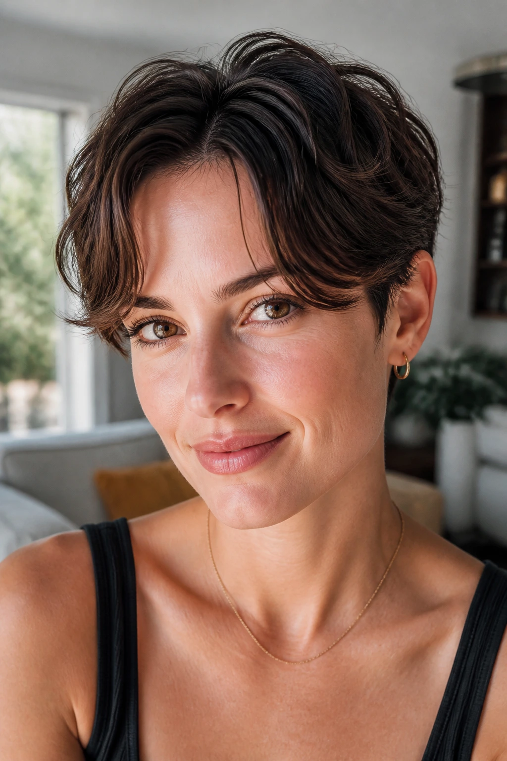 Close-up of a real woman with curtain fringe pixie split front pieces in natural light