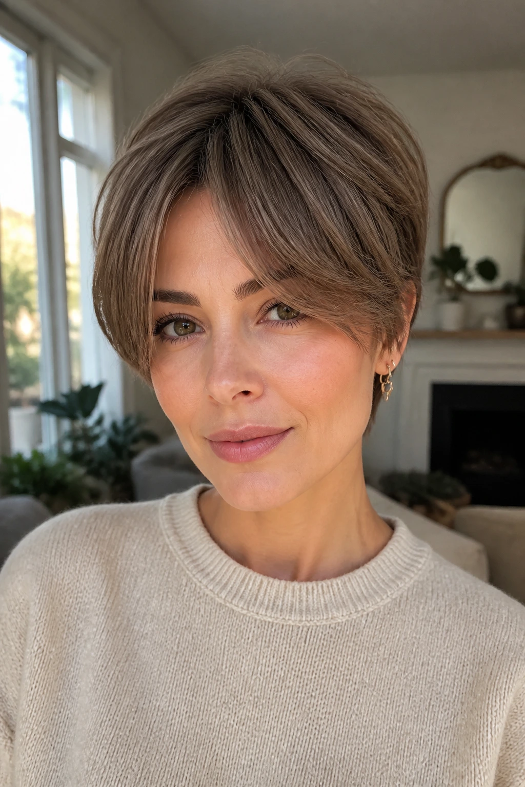 Close-up portrait of a real woman with curtain fringe long pixie framing the cheeks.