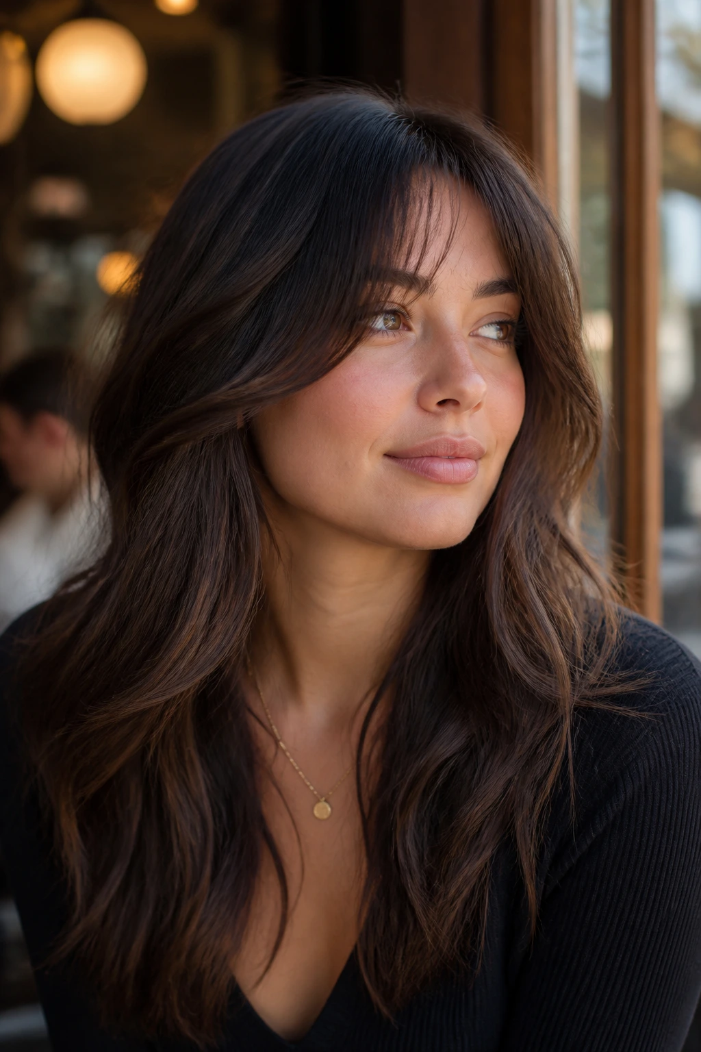 Close-up of a real woman wearing curtain fringe with long side pieces