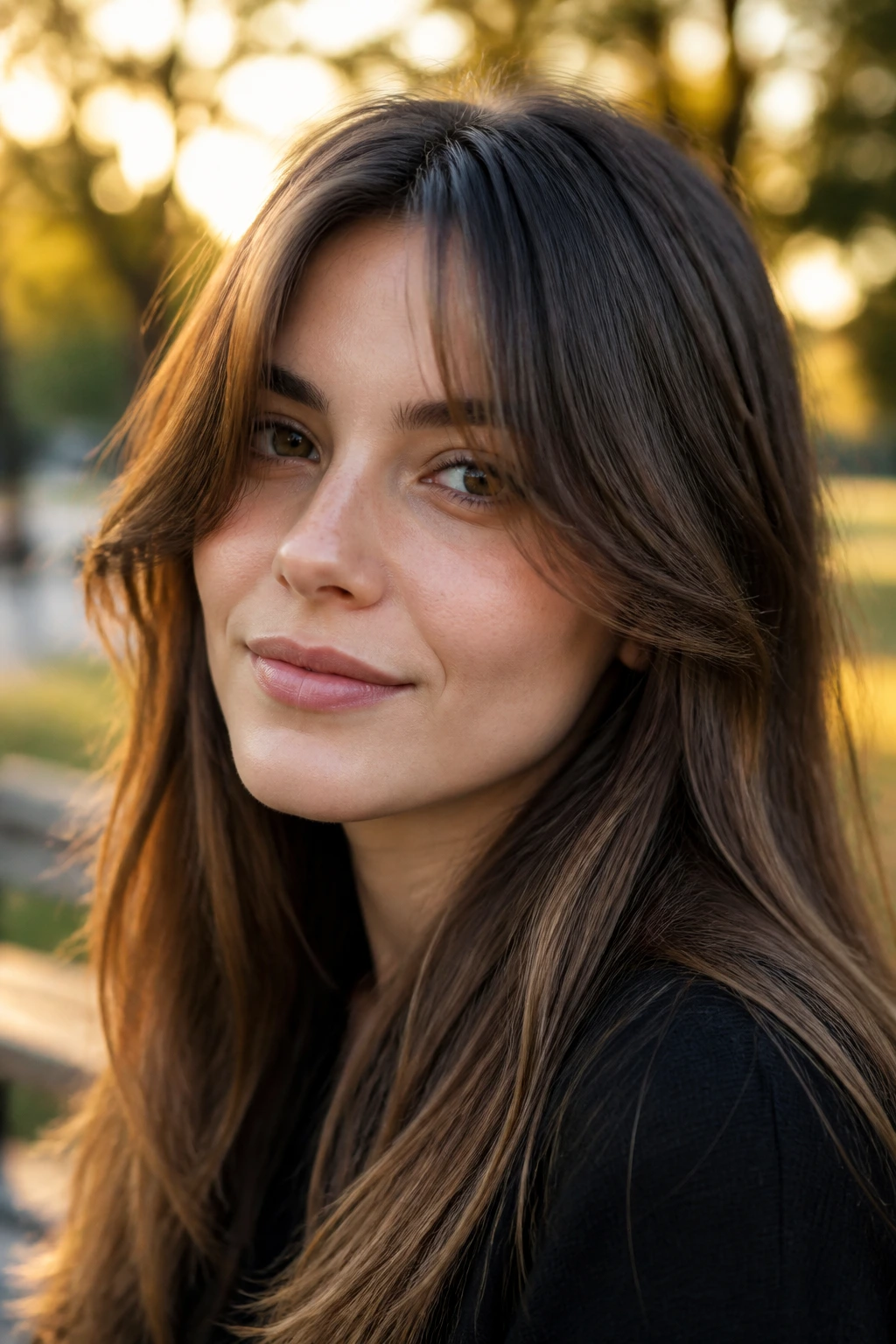 Close-up of a real woman with curtain fringe outdoors at golden hour
