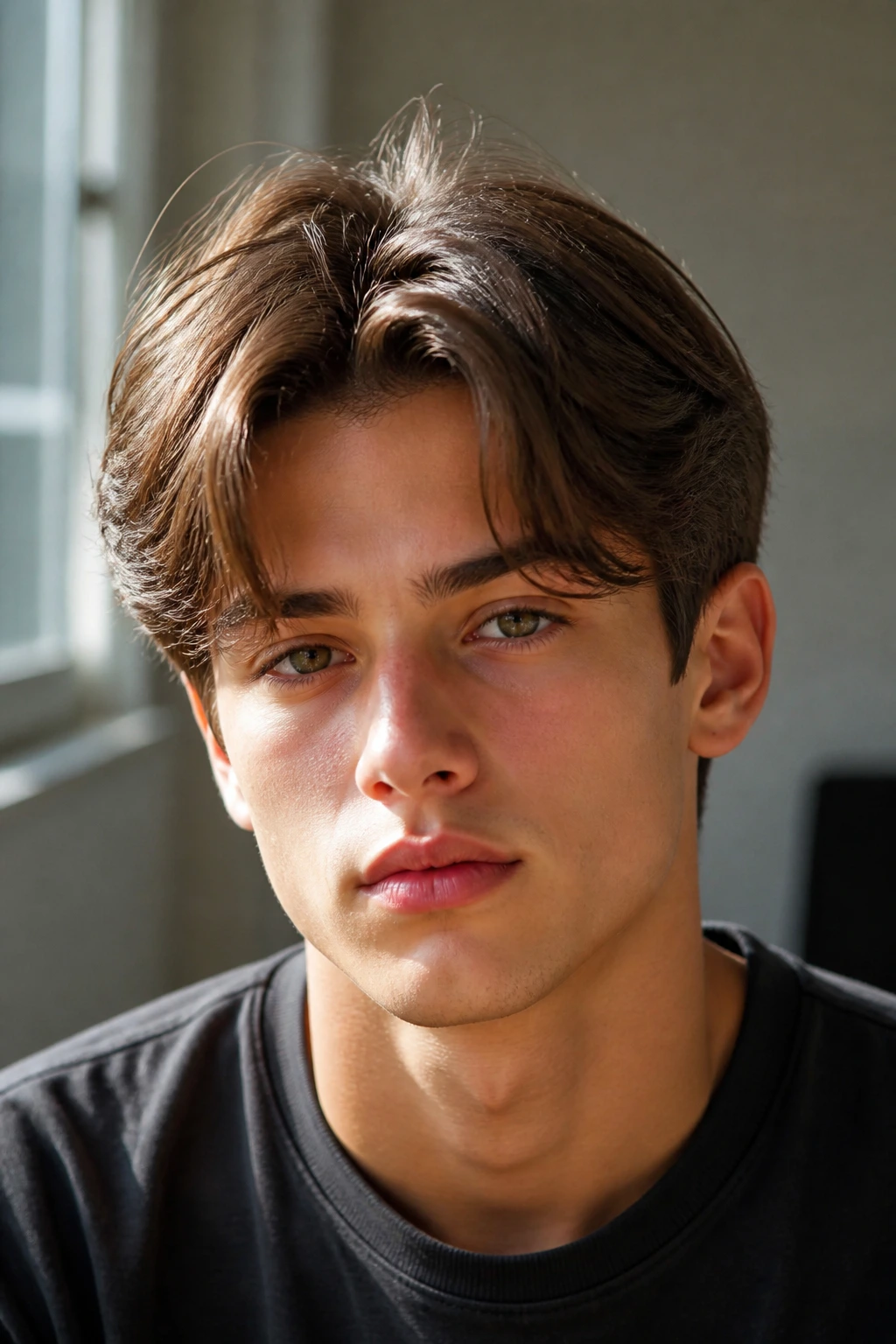Boy with curtain fringe, middle part, soft fringe framing forehead in warm light