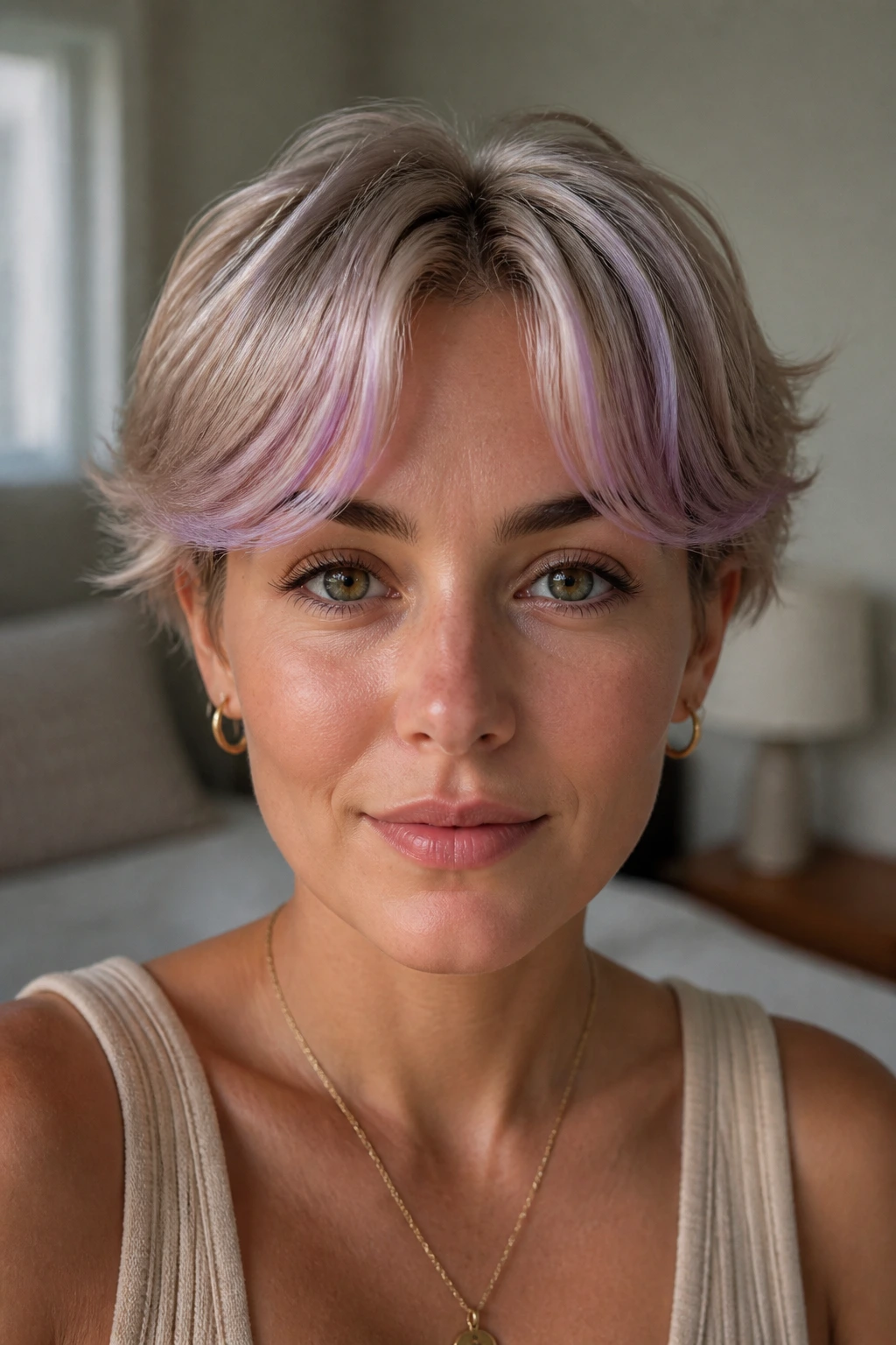 Close-up portrait of a real person with a piecey curtain-fringe crop and purple-tinted fringe.
