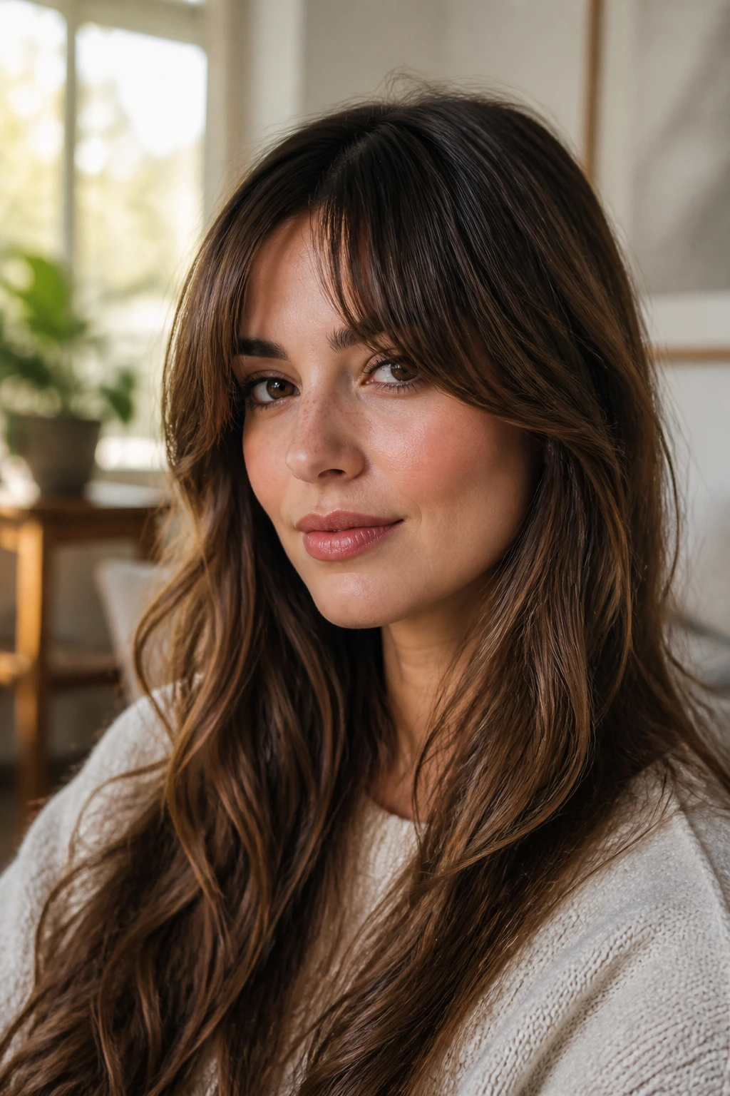 Close-up portrait of a real woman with soft curtain fringe and dense center
