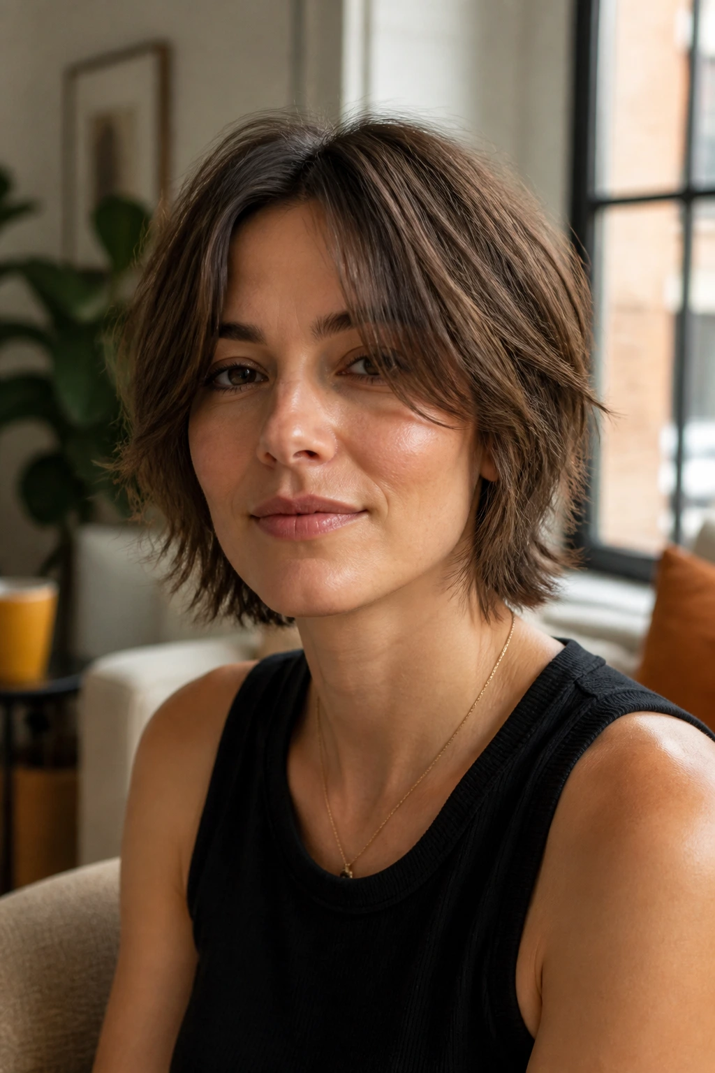 Close-up portrait of a real woman with center-parted curtain fringe on a short shag