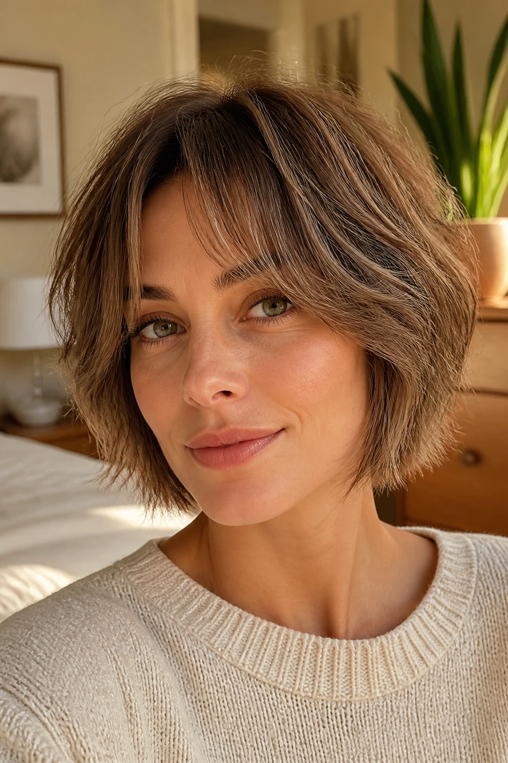 Close-up portrait of a real woman with Short Shaggy Bob and Curtain Fringe hairstyle