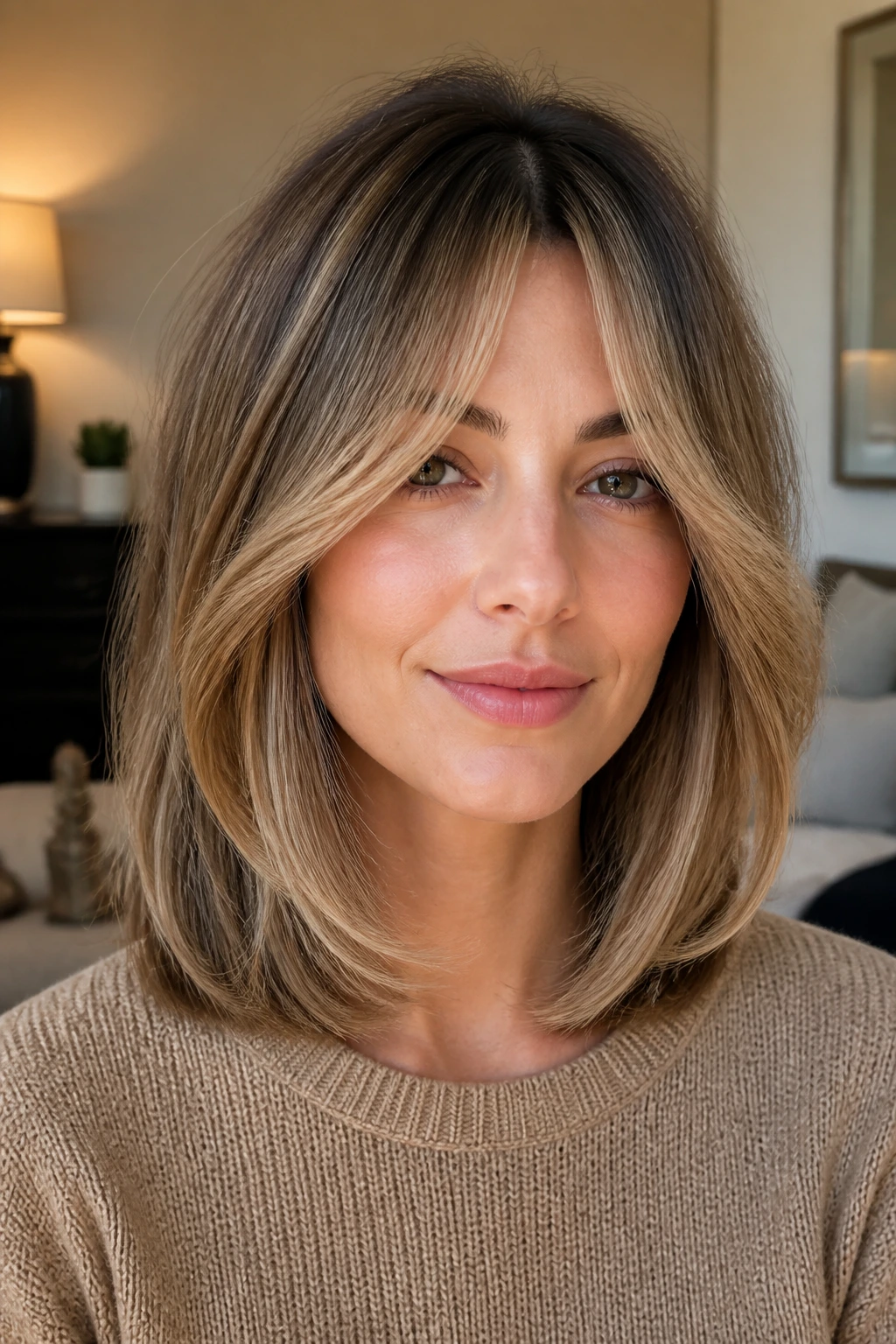 Close-up portrait of a real woman with curtain fringe on shoulder-length cut