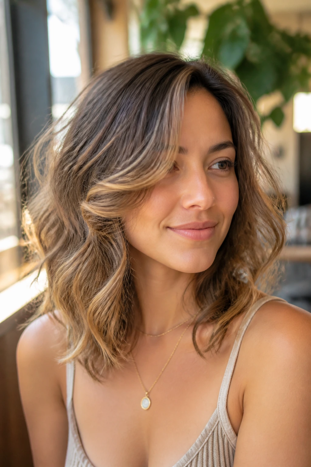 Close-up of a woman with an off-center curtain fringe and a soft bend in the hair