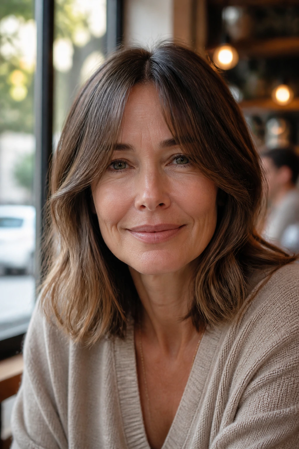 Close-up of a real woman with curtain fringe lob