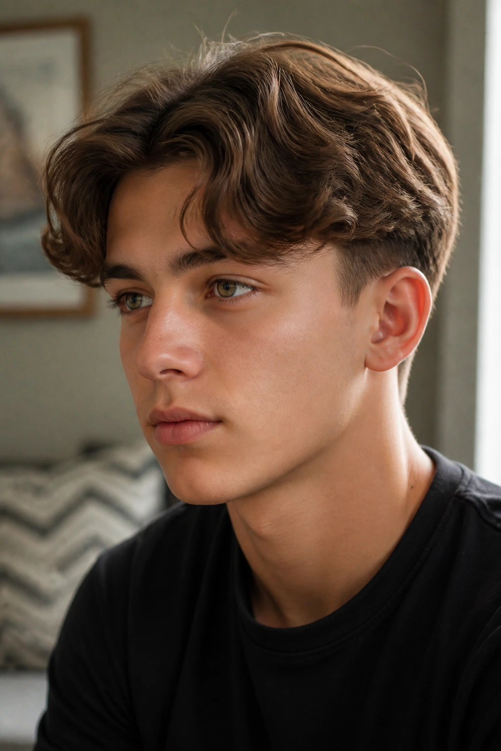 Boy with curtain fringe and clean taper hairstyle.