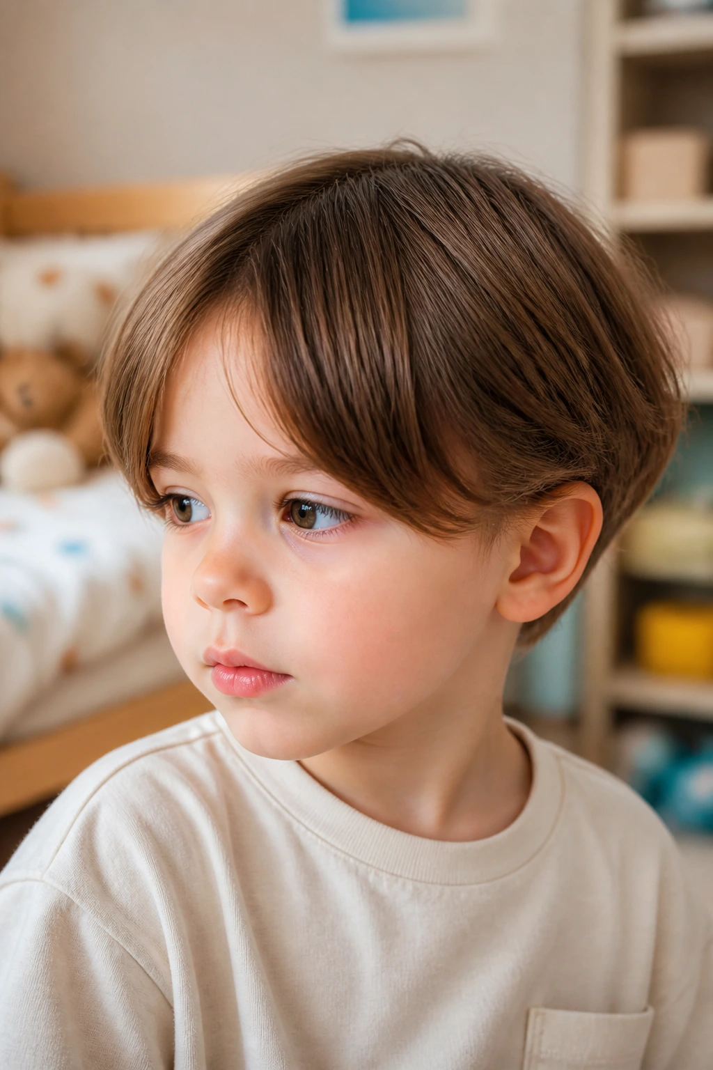 Close-up toddler boy with curtain-fringe bob and soft nape scoop