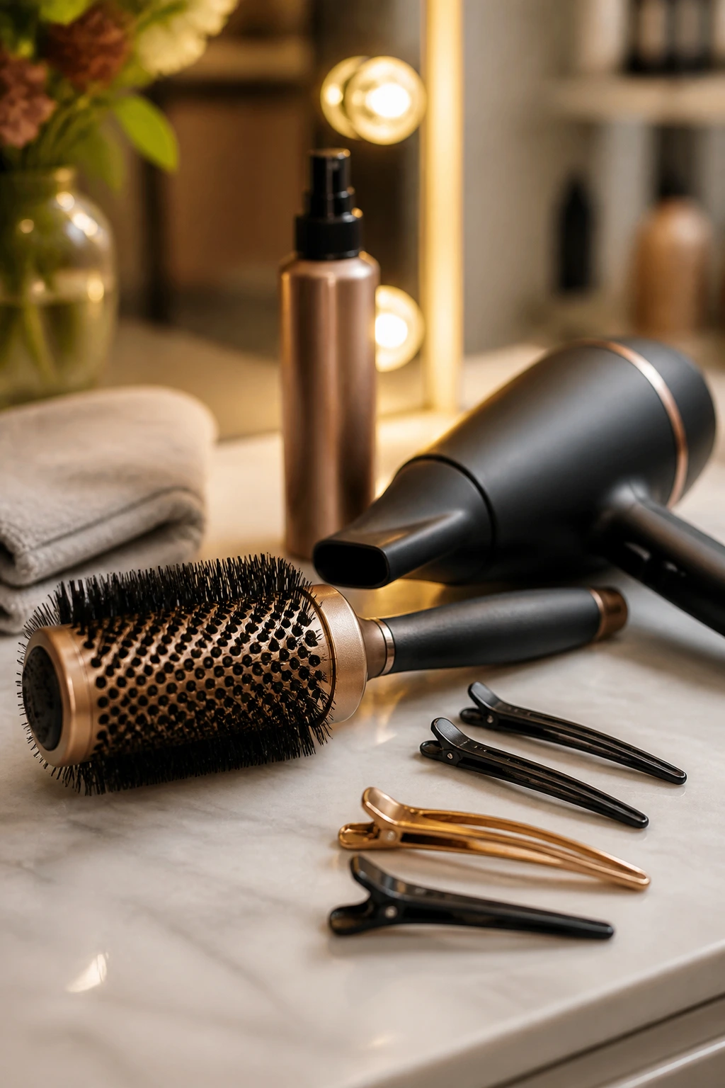 Close-up of hair styling tools for curtain fringe control arranged on a vanity