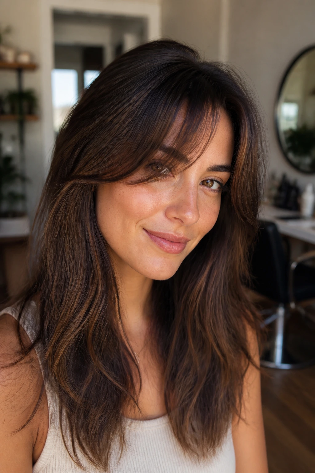 Close-up portrait of a woman with curtain fringe and off-center part in a bright home studio