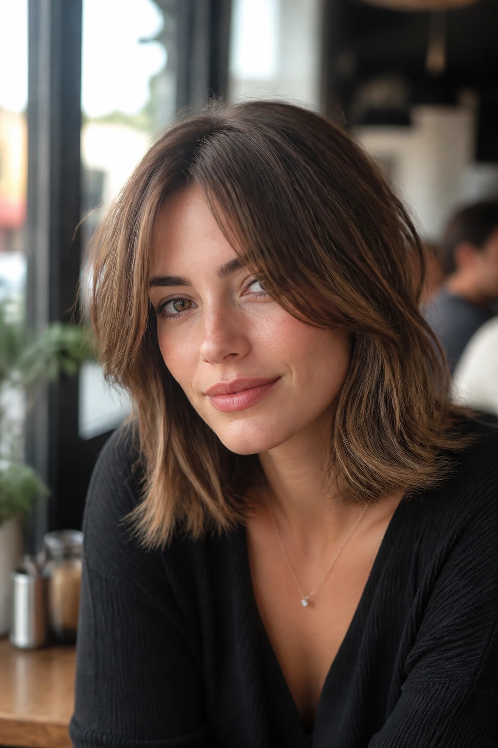Portrait of a real woman with soft layered curtain fringe and collarbone-length hair in cafe light