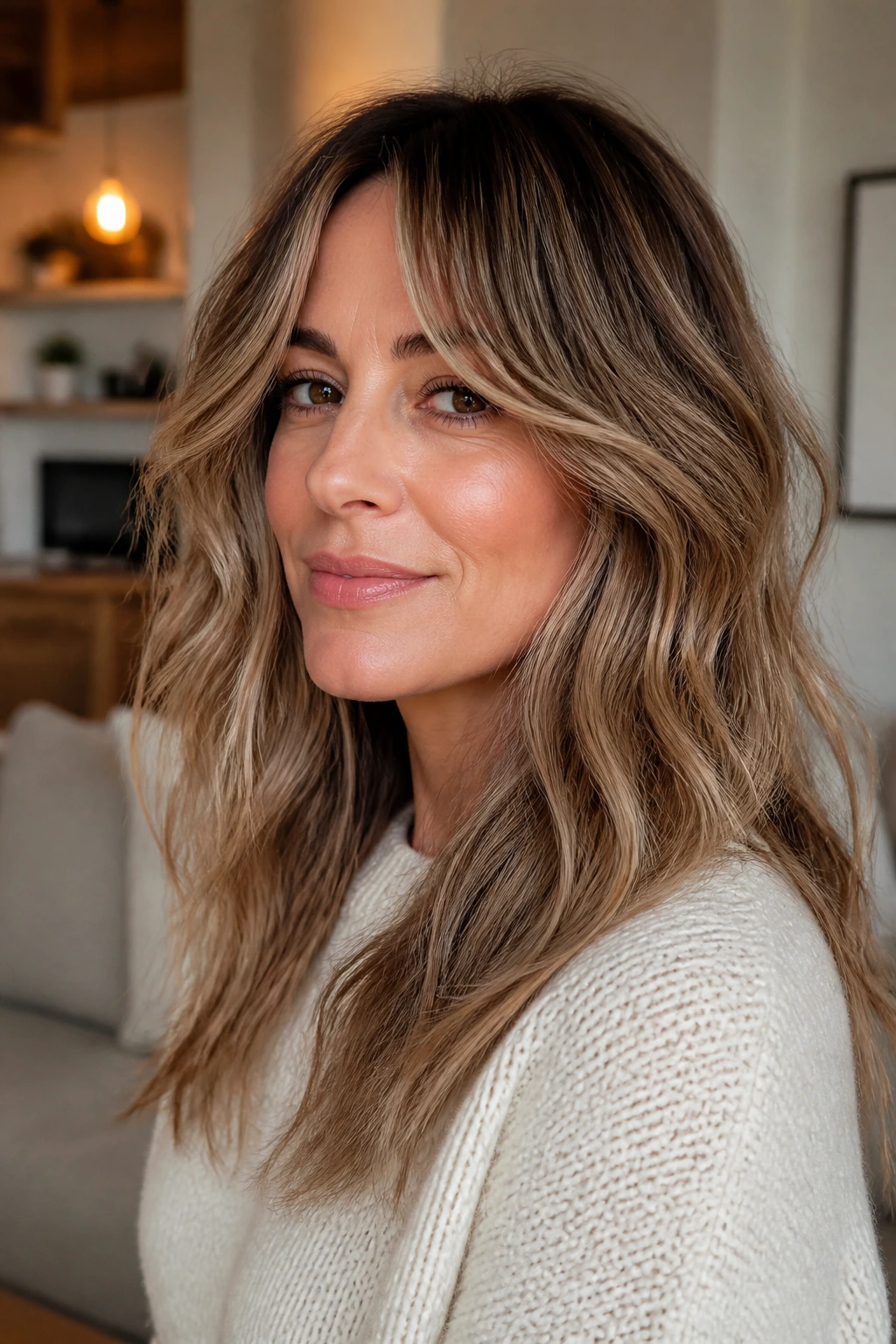 Portrait of a woman with curtain fringe and layered beachy waves