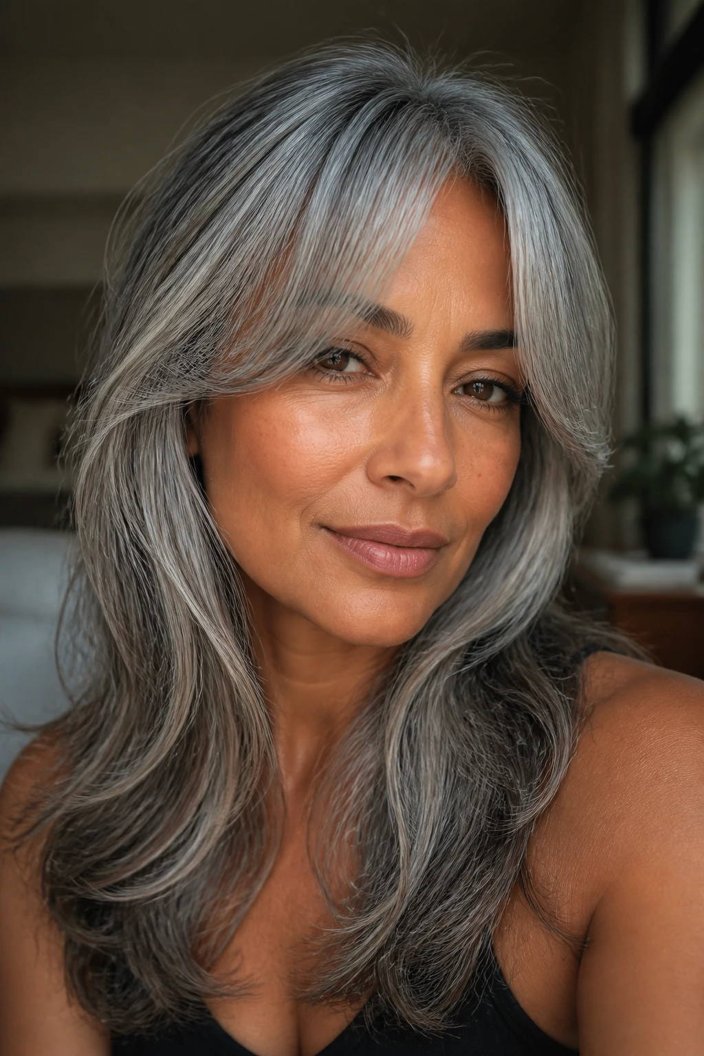 Close-up portrait of tan-skinned woman with gray hair and curtain bangs in warm window light