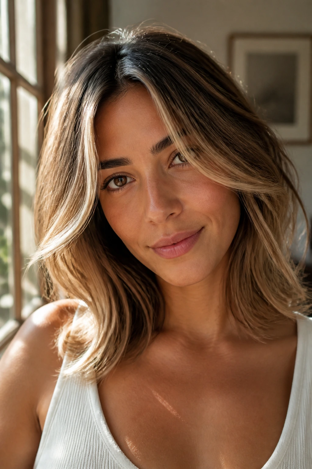 Portrait of a woman with sunlit curtain highlights framing her face