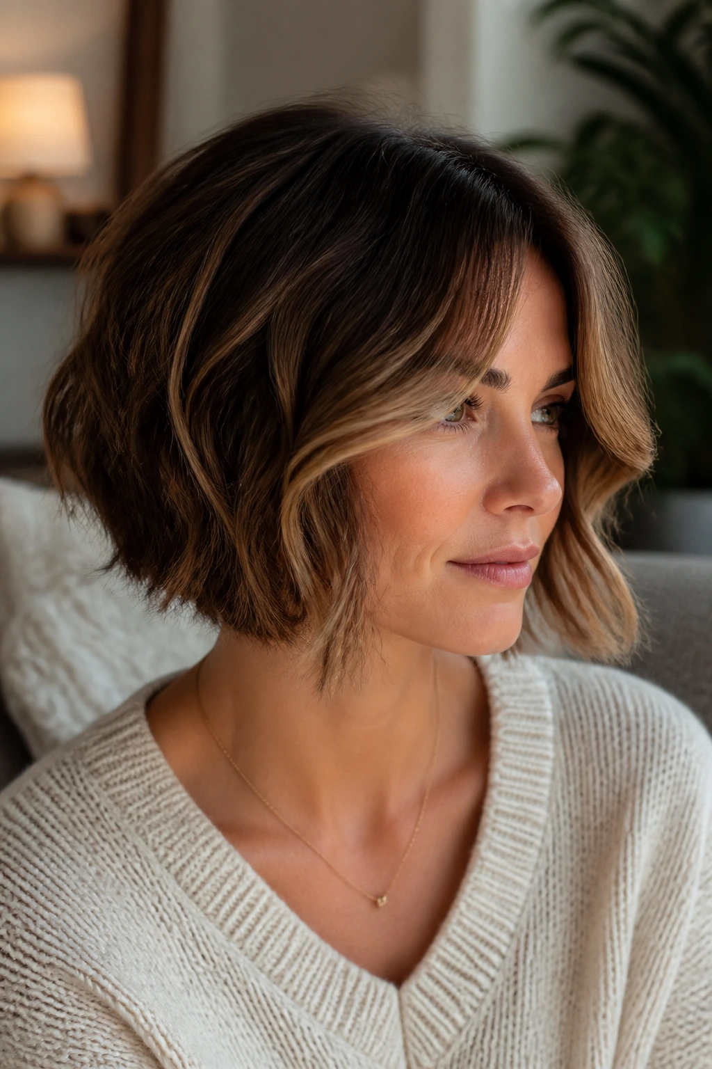 Portrait of a real woman with curtain bangs blending into an inverted bob and caramel sweep