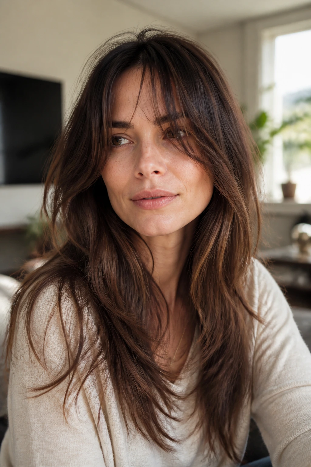 Close-up of a real woman showing curtain layers with bangs in a cozy home setting