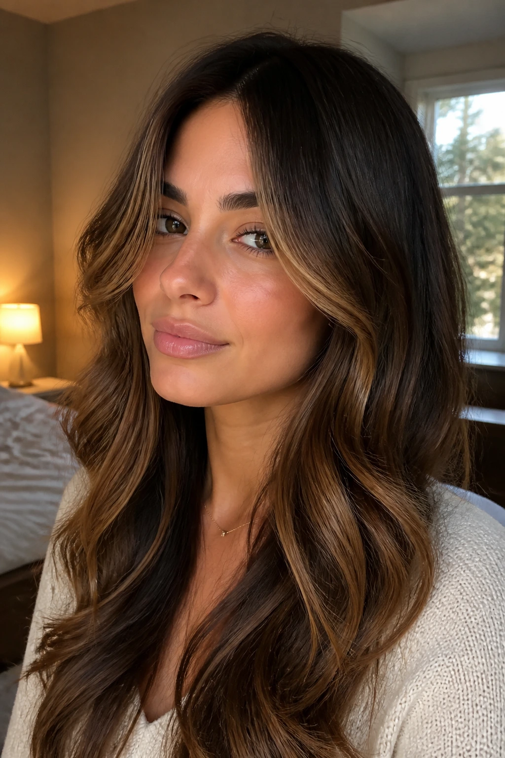 Portrait of a real woman with long curtain layers and caramel sunkissed pieces