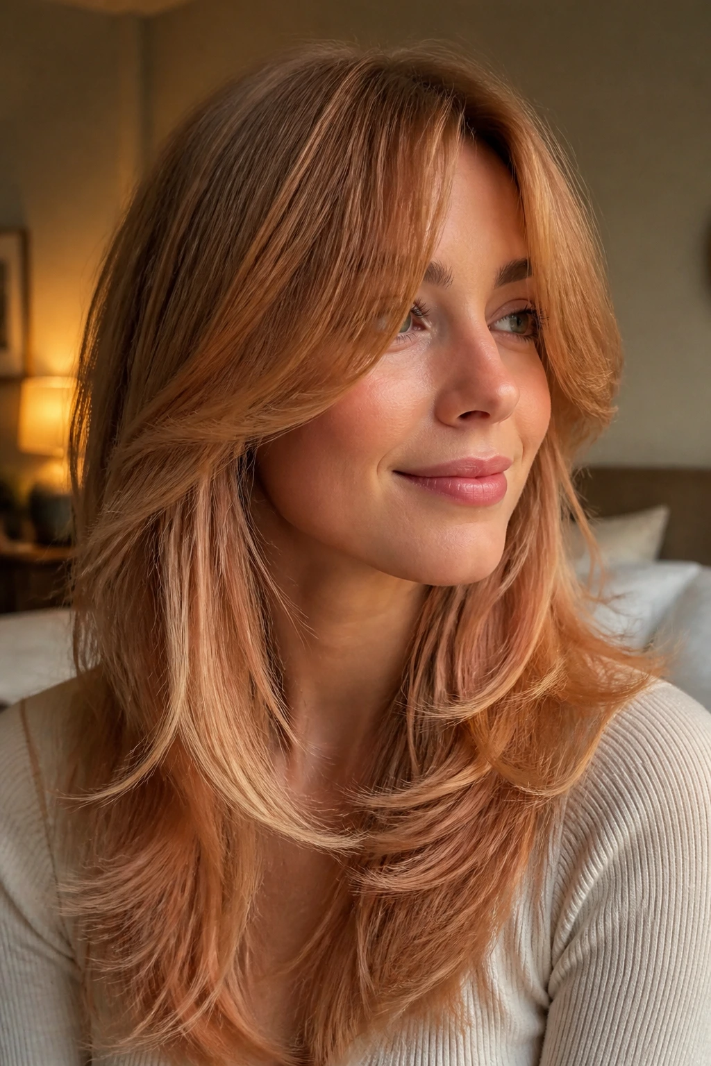 Close-up of a real woman with Caramel Copper Curtain Layers and face-framing bangs.