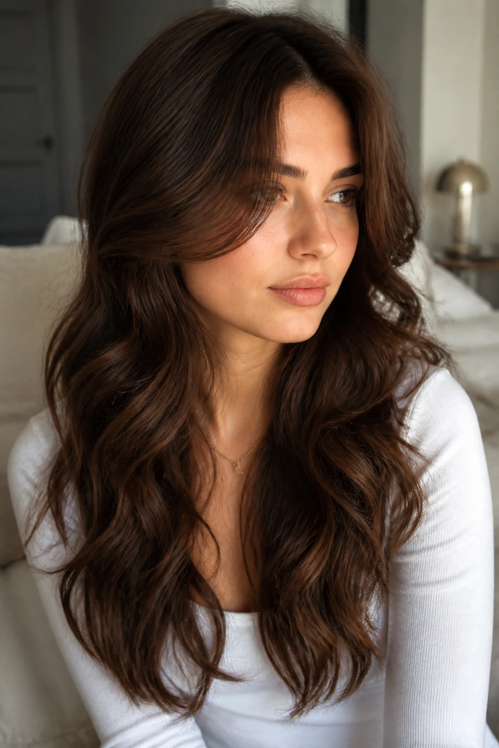 Portrait of a person with curtain layers and a soft center part framing the cheeks