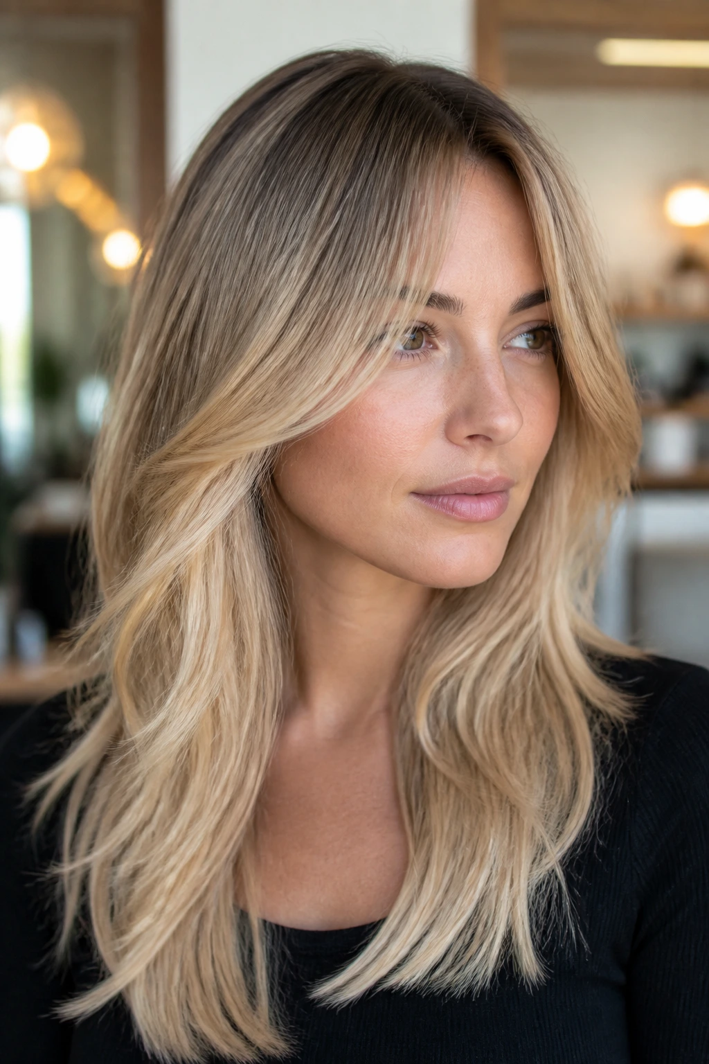 Close-up of a real woman with curtain layers and champagne blonde ends framing the face