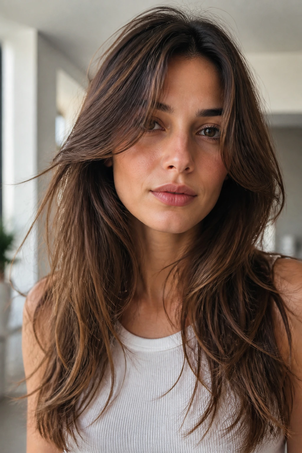 Portrait of a real person with curtain layers split at the cheekbone framing the face.