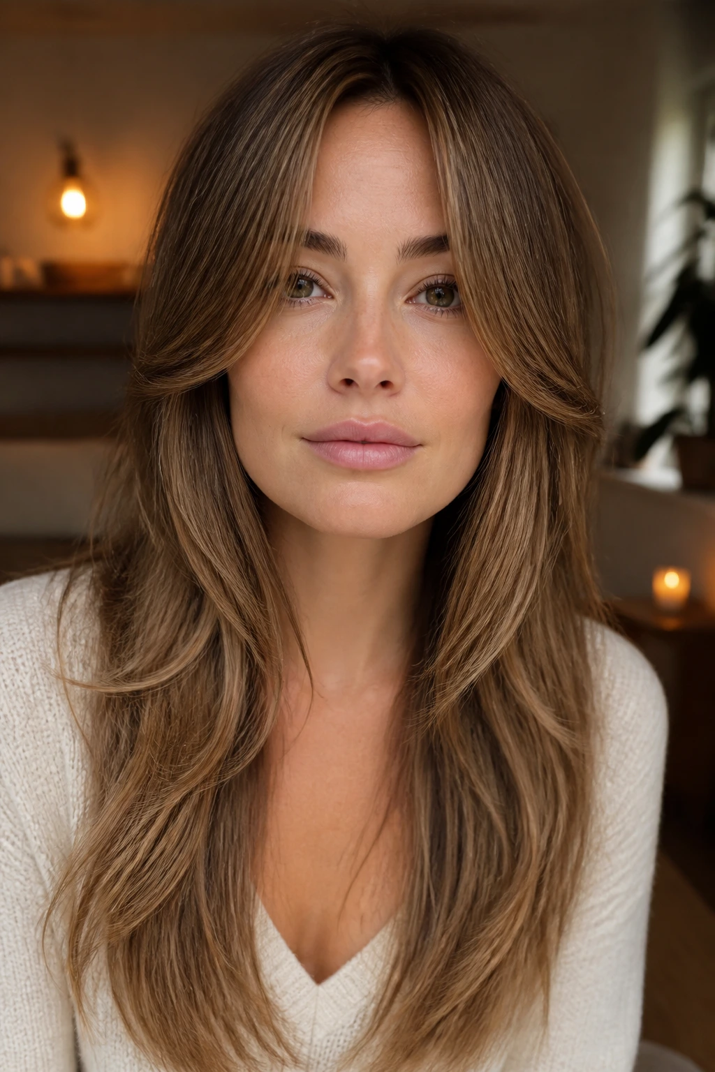 Portrait of a woman with curtain layers starting below the cheekbone and center-parted fringe
