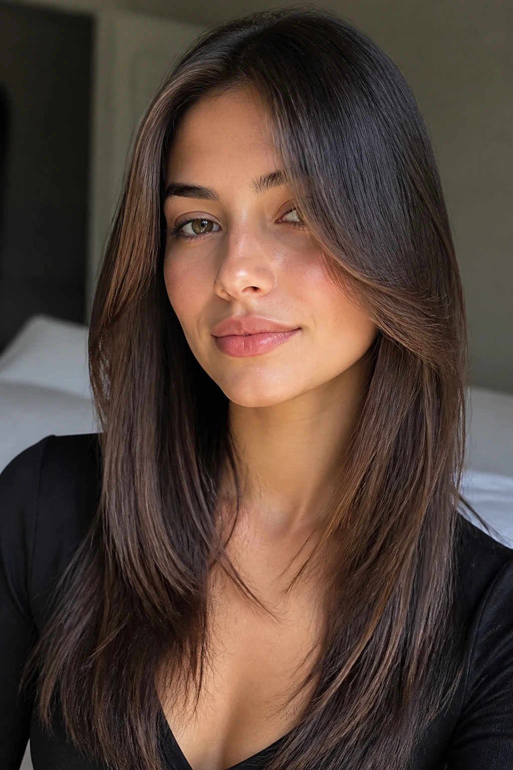 Portrait of a real woman with cheekbone curtain layers framing the cheeks