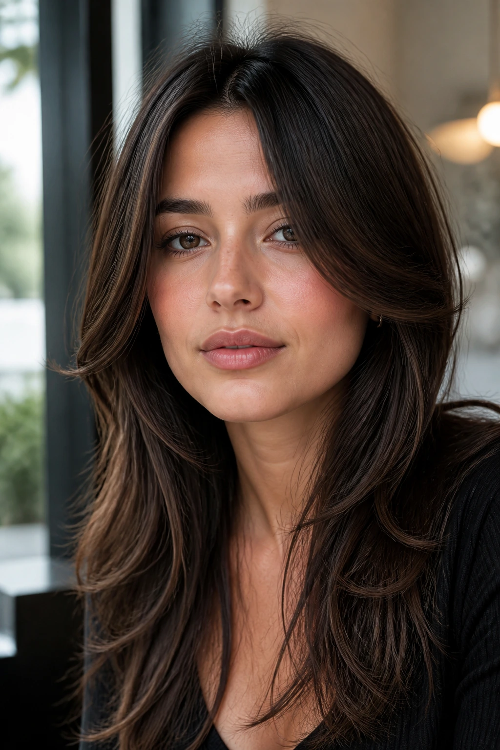 Close-up of a real woman with curtain layers starting below the cheekbones softly framing the face