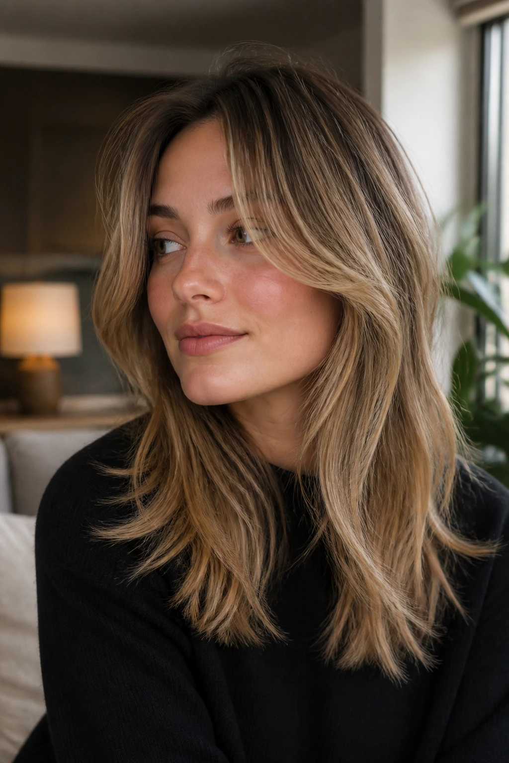 Portrait of a person with curtain layers split at the cheekbones near the collarbone