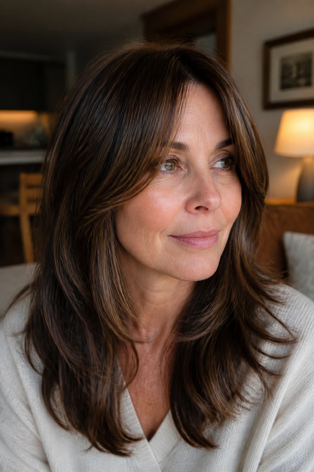 Close-up portrait of a real woman with curtain layers and espresso lowlights