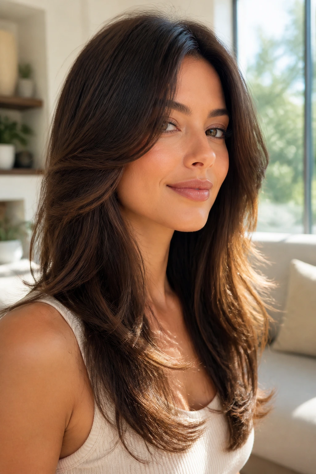 Real woman with long curtain layers close-up portrait by a sunlit window