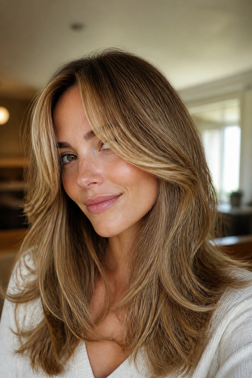 Real woman with curtain layers and honey blonde highlights framing the face.