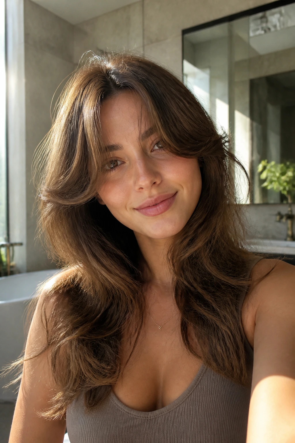 Portrait of a woman with curtain layer variations around the cheeks in a sunlit room.
