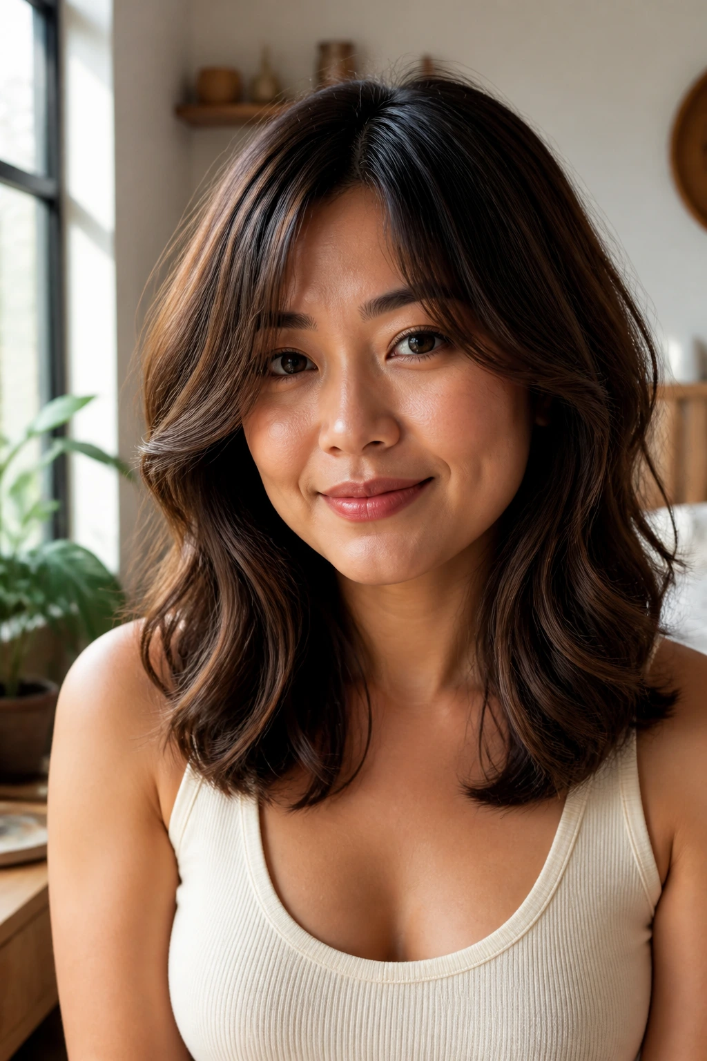 Shoulder-length hair with curtain layers and soft waves