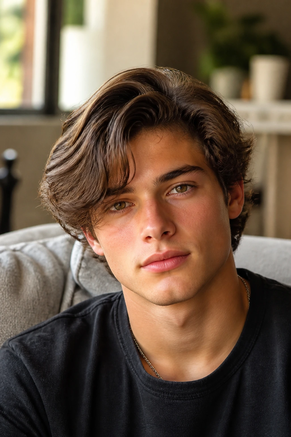 Close-up portrait of a real boy with Curtain-Leaning Side Sweep hairstyle