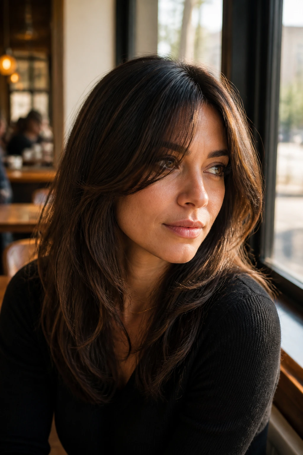 Close-up of curtain-like side bangs blending with long hair