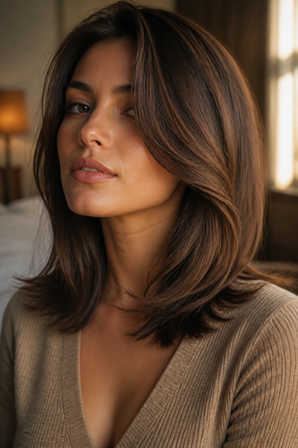 Close-up portrait of a person with side-swept curtain lob and jawline bend.