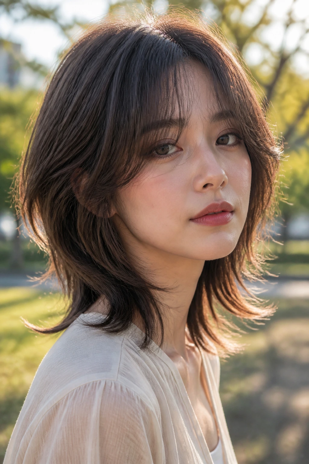 Close-up portrait of a real woman with a soft curtain lob in an outdoor park setting