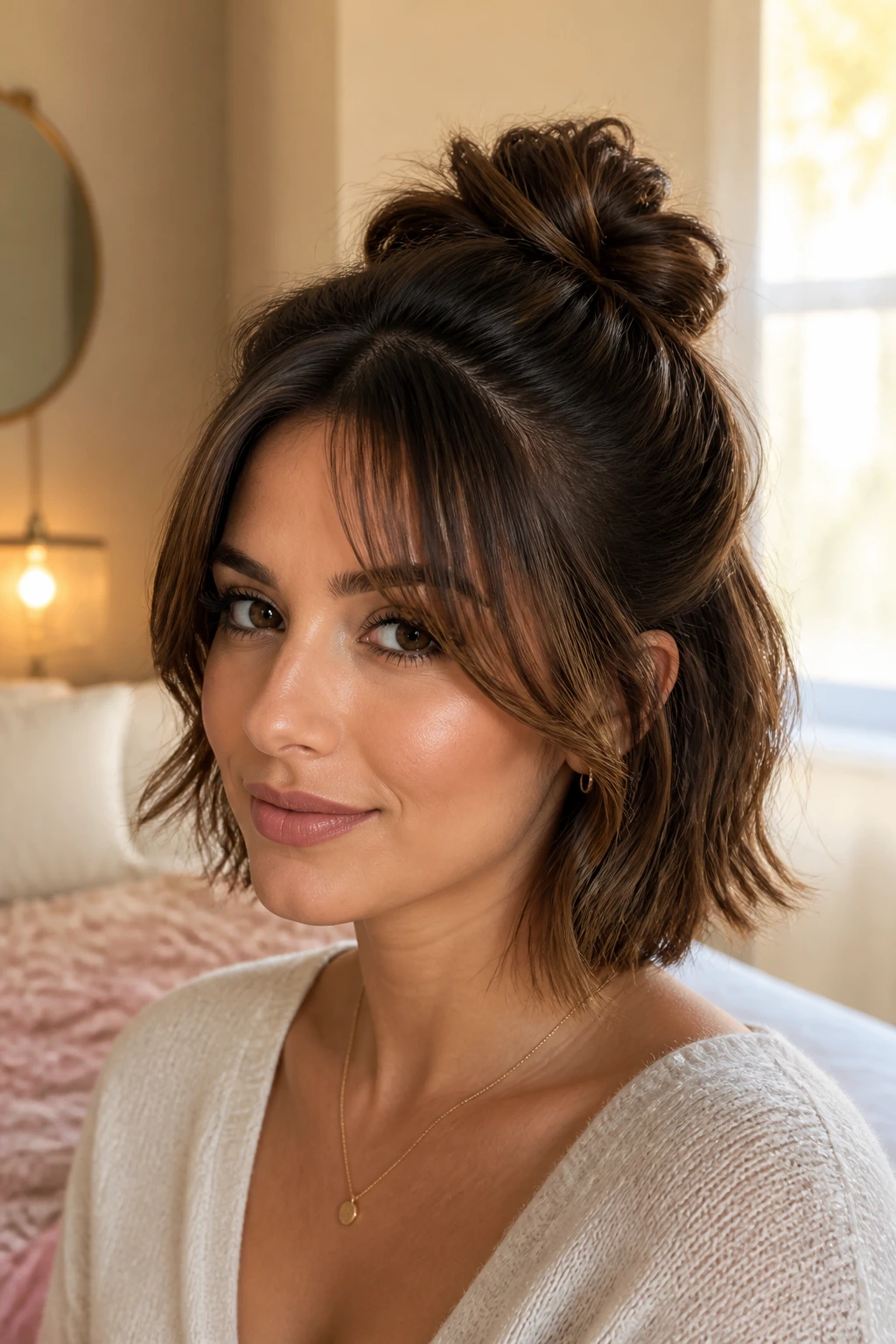 Close-up of a real person with curtain bangs and a puffed crown behind a half-up bun