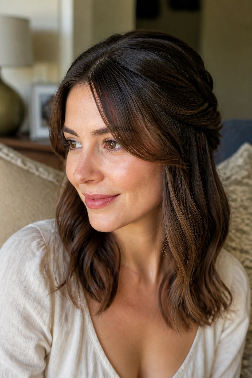 Close-up of a real woman with curtain bangs and twist backs tucked behind the cheeks