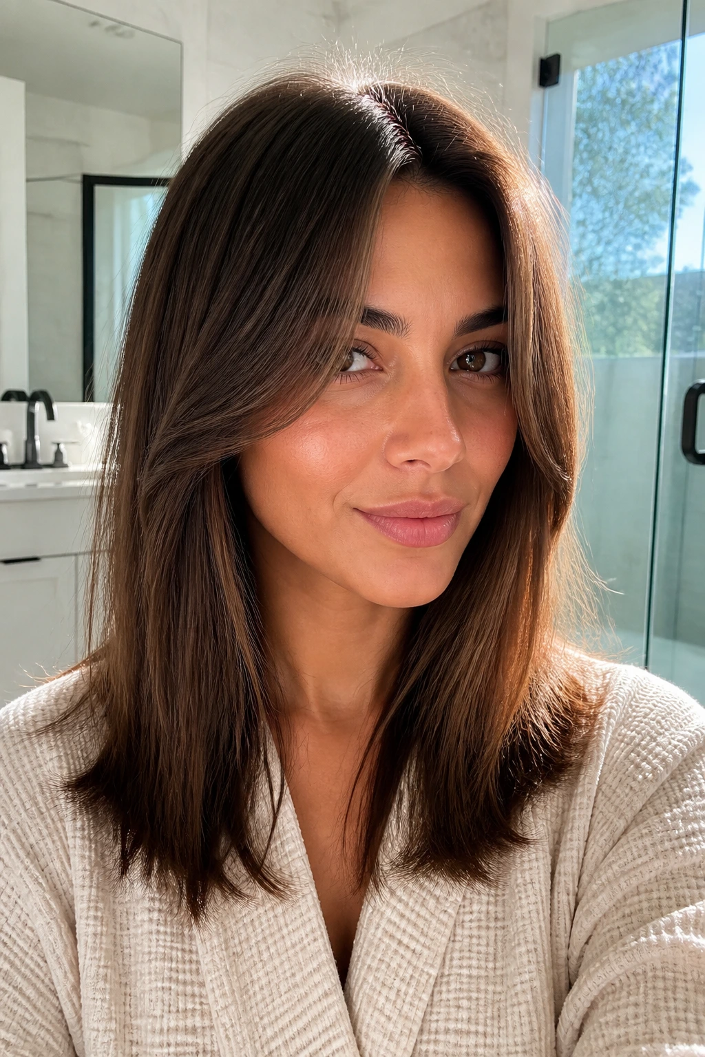 Close-up of a real woman with curtain pieces framing the face and straight hair.