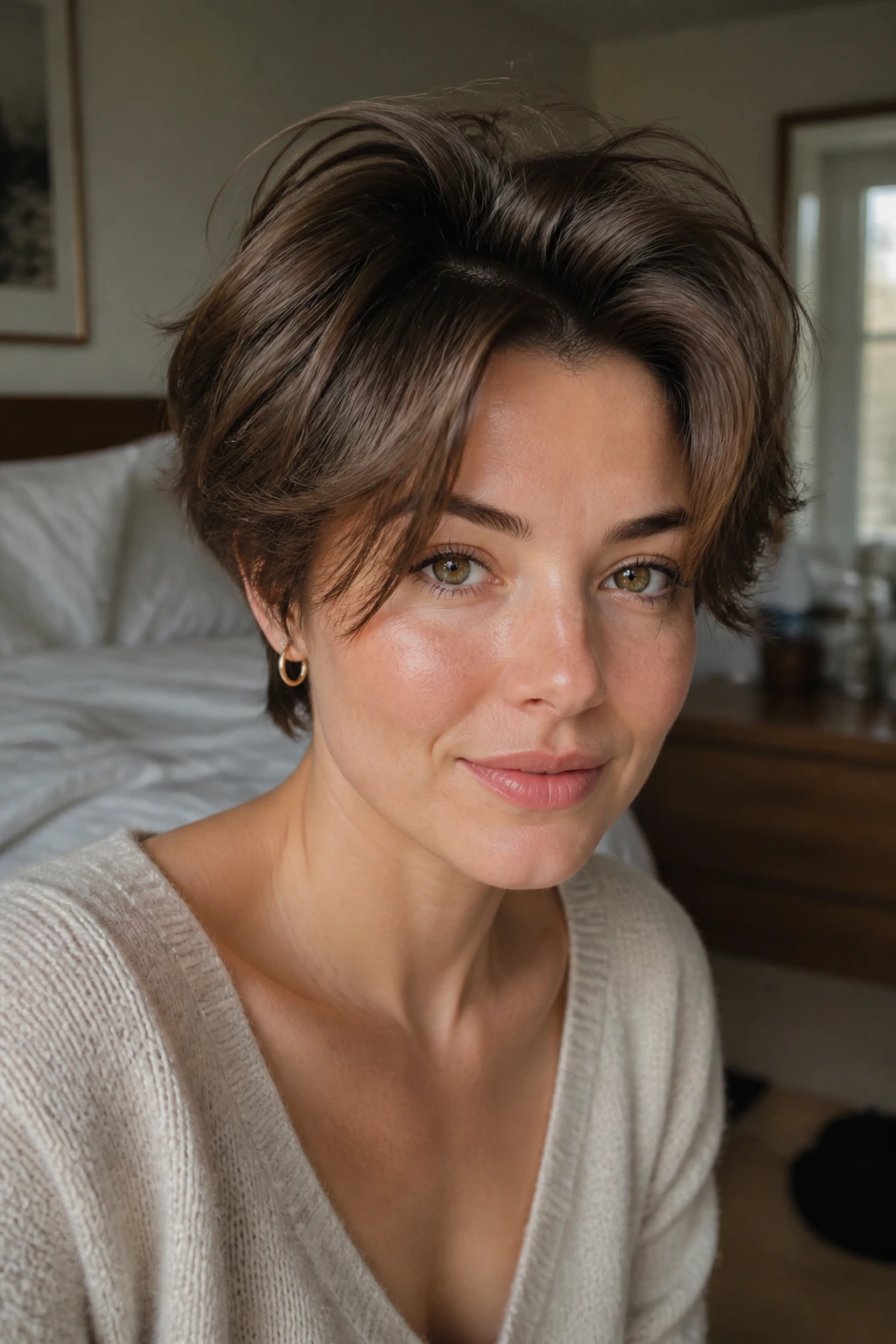 Close-up portrait of a real woman with curtain quiff hybrid hairstyle in warm window light