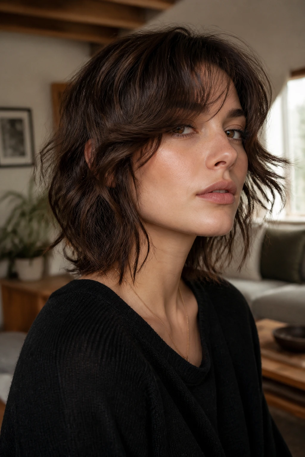 Portrait of a woman with curtain shag haircut and choppy ends in warm indoor light
