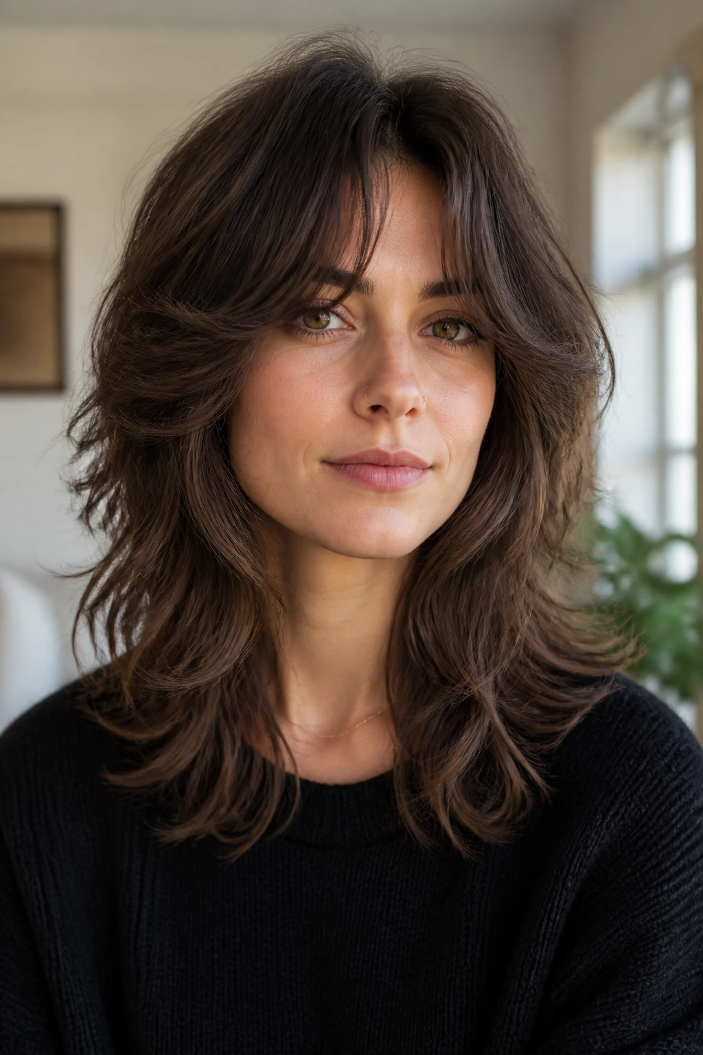 Portrait of a real person with Razor-Soft Curtain Shag and center-split fringe