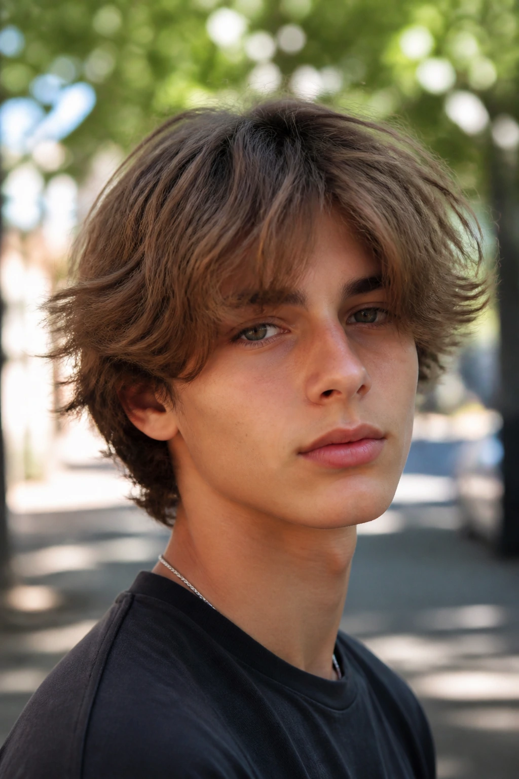 Close-up of teen boy with messy curtain shag and loose fringe